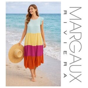Margaux Riviera Multicolor Color-Block Tiered Flutter Sleeve Maxi Dress Size S